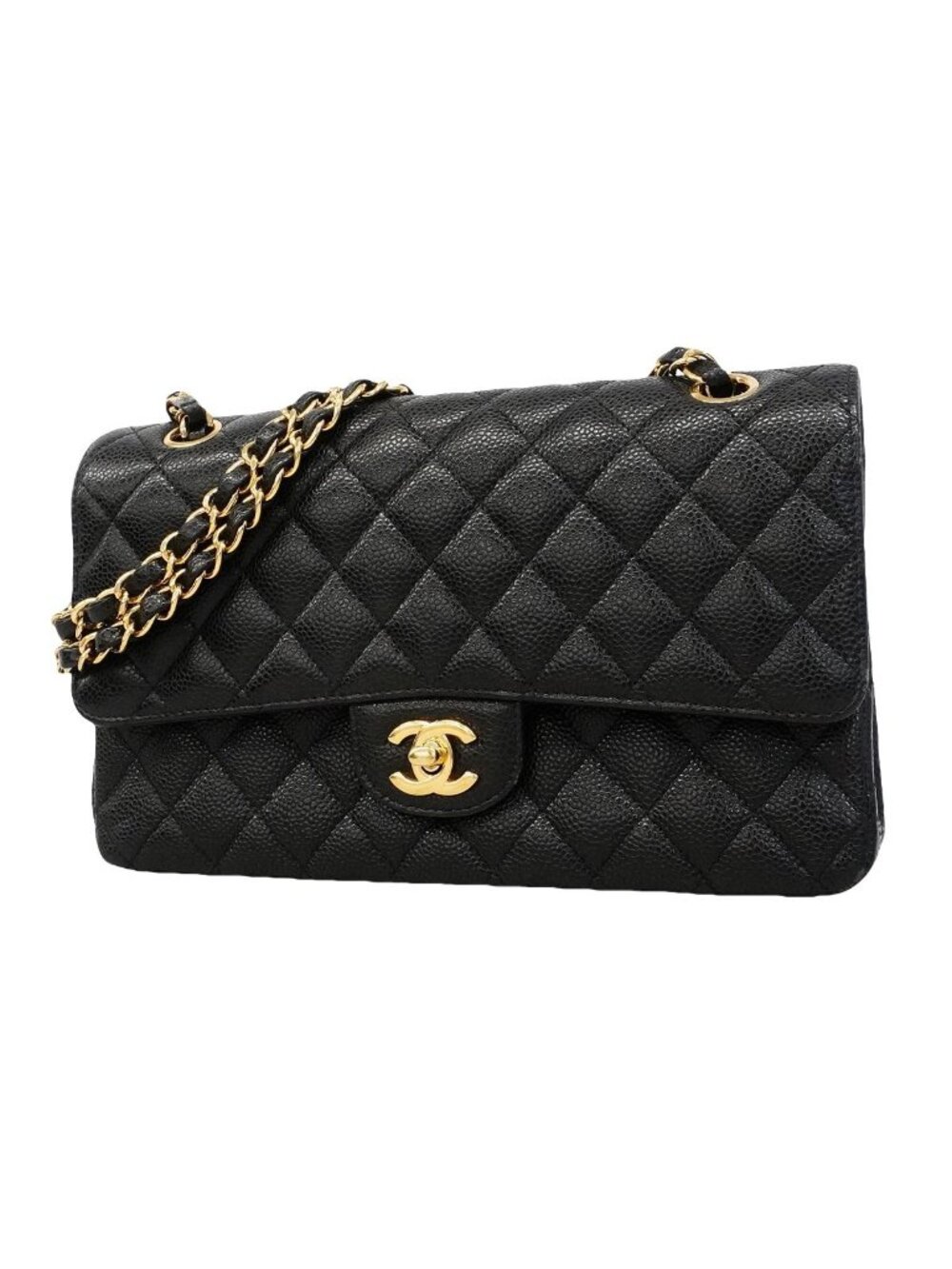 Chanel Handbag Quilted Caviar Leather Black Gold